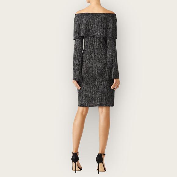 Keepsake Metallic Reflections Knit Sheath Dress | Small | Black Off the Shoulder - Picture 10 of 11
